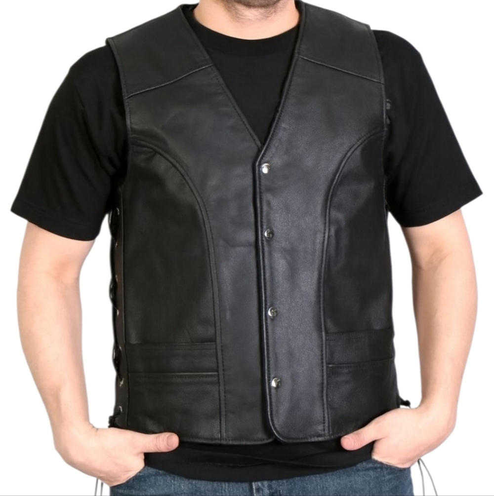 UNIK Ultra Genuine Leather Motorcycle Vest Black Side Lace Men’s 5XL Biker Rider